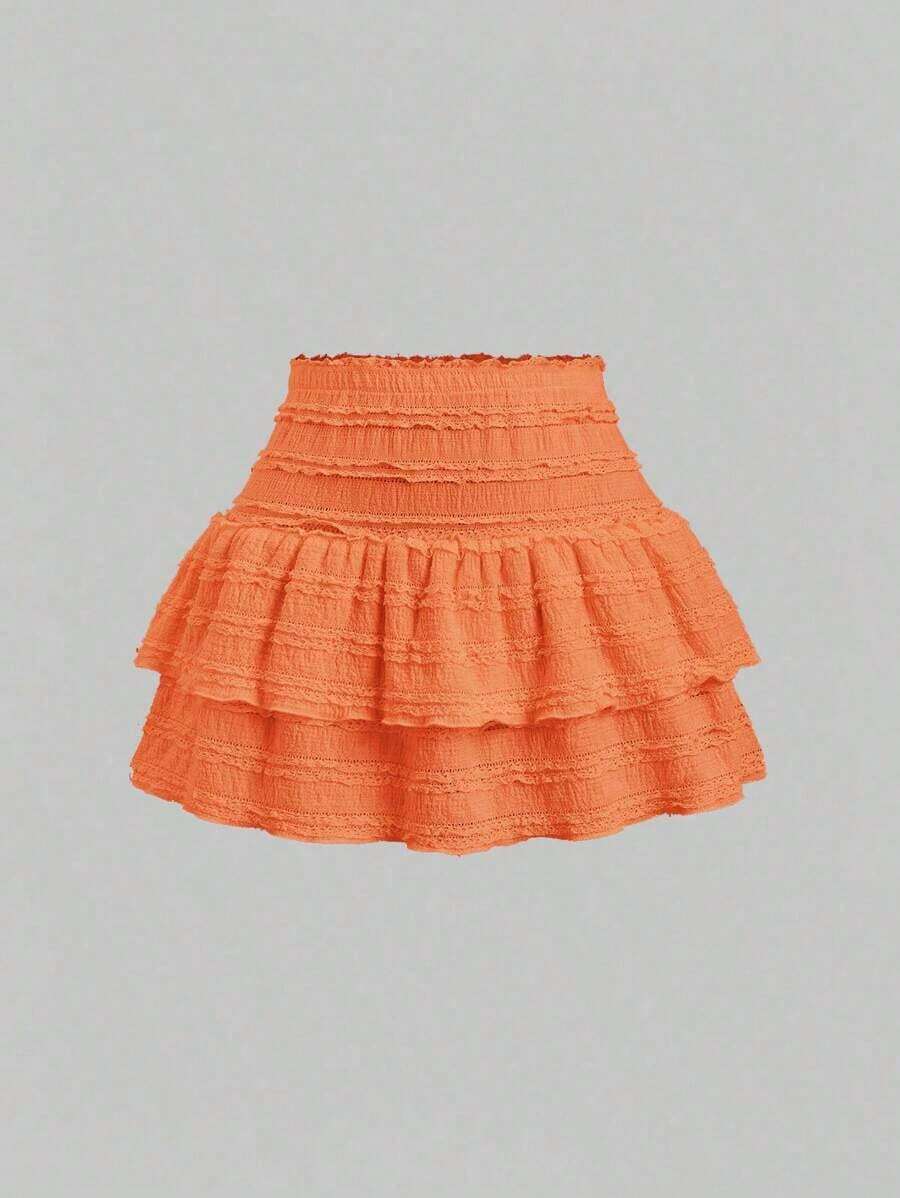Falda mini casual y de resort Y2K con dobladillo de doble capa y ribete de volantes de unicolor - Naranja - Ver 1