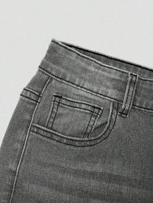 Explorewe Jeans de mezclilla estilo Y2K versátiles lavados y desgastados con pierna acampanada y elásticos para niñas adolescentes - Gris Claro - Ver 4