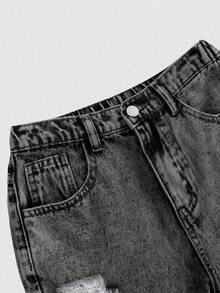 Girlism Jeans rectos y sueltos de mezclilla azul con agujeros rotos para adolescentes - Negro - Ver 3
