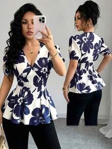 Blusa elegante y de moda con estampado floral y cuello en V con cintura ceñida para mujer - Azul marino - Ver 4