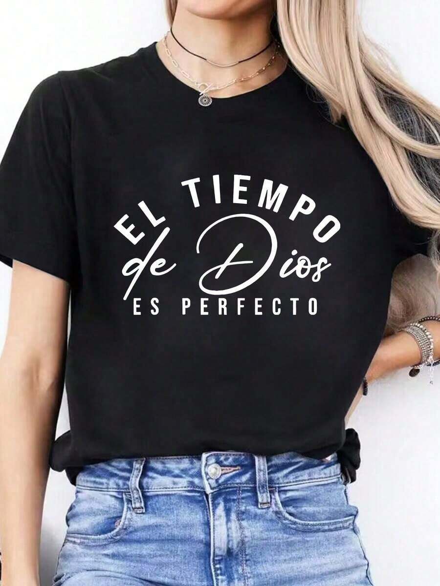 1 Piece Women's T-Shirt With Spanish Alphabet Print - Spanish Language Learning, Casual Short Sleeve Round Neck Blouse For Spanish Classes And Casual Wear 180g 100% Cotton - 黑色 - 查看 1