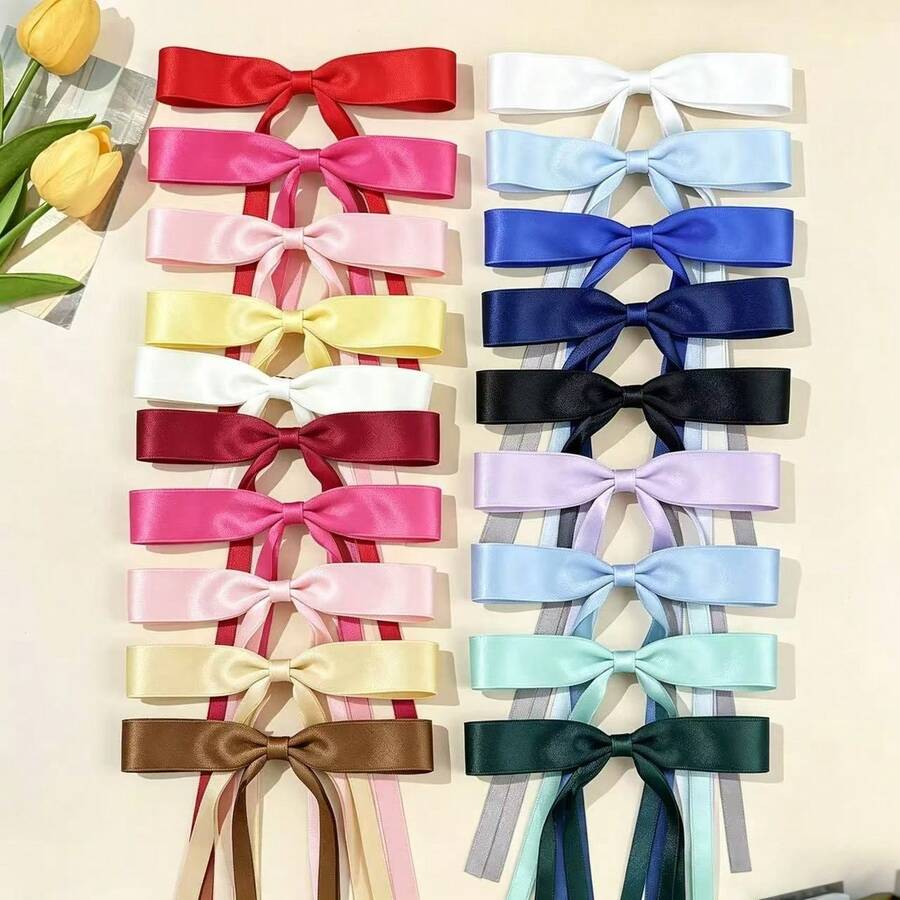 2/4/6/8PCS Satin Bow Hair Clip, Long Streamer Ribbon Barrette, Solid Color Elegant Hair Accessory For Half Up Hairstyle, Daily Party Hair Decor - Single-layer Bow - View 1