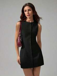 Tall Vestido mini elegante de unicolor con cuello redondo y sin mangas para mujer - Negro - Ver 1
