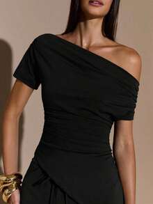 Conjunto de 2 piezas de top de manga corta y pantalones con cuello asimétrico sexy de color marrón sólido para mujer en otoño/invierno, Conjunto de 2 piezas de punto con forro térmico para mujer en otoño/invierno, Top asimétrico de punto básico para mujer - Negro - Ver 7