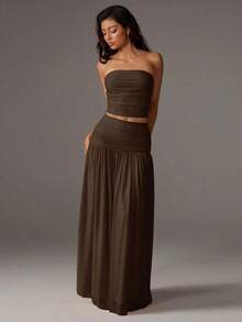Unity Conjunto de 2 piezas de top corto de bustier de malla de unicolor y falda larga para mujer - Marrón - Ver 7