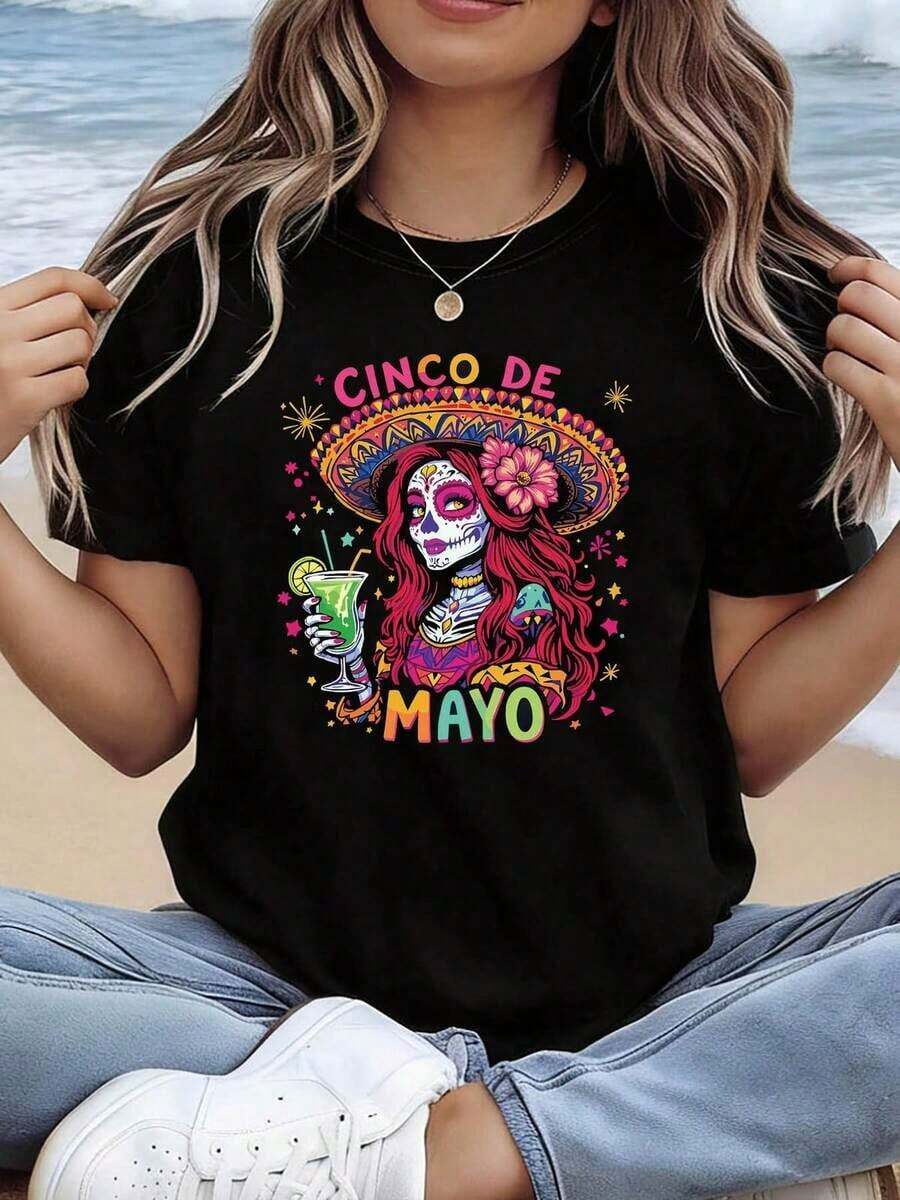 T-Shirt With "CINCO DE MAYO" Letter Print, Short Sleeves And Round Neck, Casual Style, Suitable For Summer And Spring, Women's Clothing, With Well-Finished Hems And Cuffs, Impeccable Appearance, Comfortable To Wear. - 黑色 - 查看 1