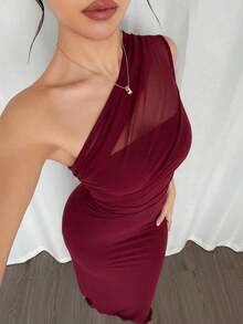Vestido maxi ajustado de estilo elegante y romántico con cuello asimétrico, adecuado para fiesta, vacaciones en la playa, vuelta al colegio, citas románticas, temporada de bodas, cumpleaños, Pascua, primavera/verano - Burdeos - Ver 6