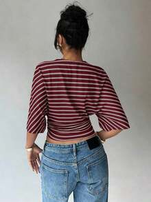 Blusa de verano para mujer con diseño de manga murciélago, cuello redondo, fruncido y estampado floral de tinte de agua en tonos cálidos, ideal para playa/vacaciones, un look casual, minimalista y elegante - Multicolor 2 - Ver 2