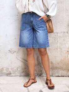 Shorts vaqueros holgados y casuales para mujer con bolsillos - Azul - Ver 3