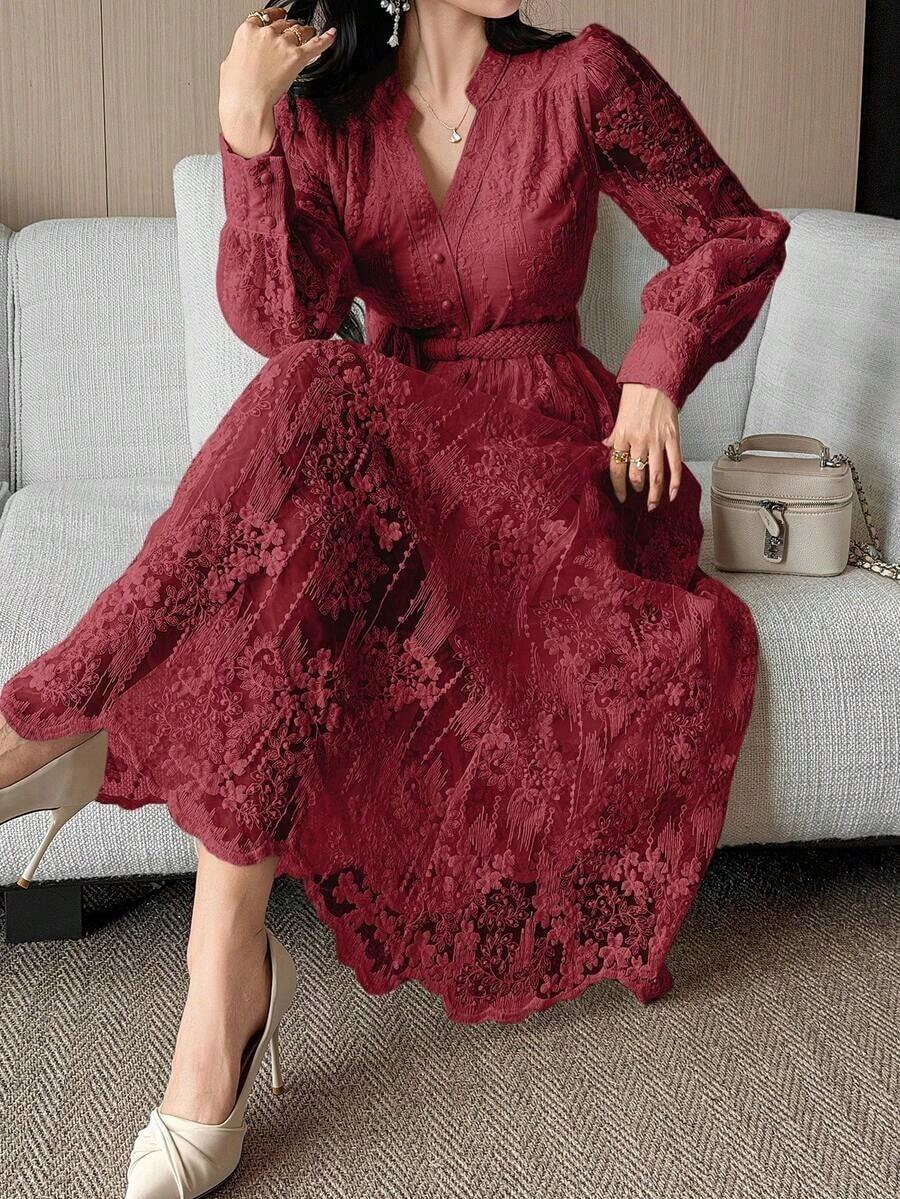 Vestido de media longitud con cinturón y cuello de encaje elegante para mujer, vestido de verano/primavera - Burdeos - Ver 1
