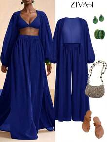 Conjunto de kimono y pantalones palazzo elegantes y casuales para la playa, 2026 - azul real - Ver 8