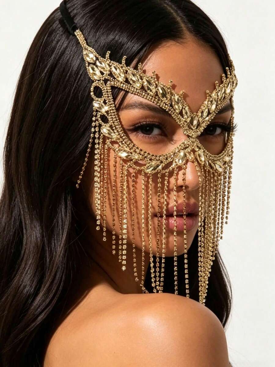Sexy Crystal Tassel Mask, Mysterious Masquerade Mask With Gold Plating For Women