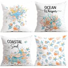 4pcs/Set Blue & Orange Ocean Creature Shell Pattern Pillow Cover, Single-Sided Printed Cushion Cover, Suitable For Living Room, Bedroom, Home Decor, All Seasons - Multicolor - View 1