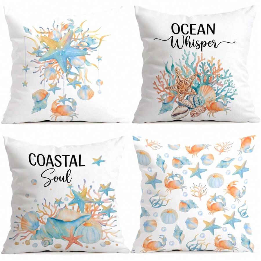 4pcs/Set Blue & Orange Ocean Creature Shell Pattern Pillow Cover, Single-Sided Printed Cushion Cover, Suitable For Living Room, Bedroom, Home Decor, All Seasons - Multicolor - View 1