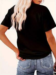 100% Cotton T-Shirt With Graphic Letter Print - Soft, Breathable, Comfortable, Polyester Blend, Short Sleeve, Summer Casual Sportswear, Easy Care, Quick Drying, Suitable For Outdoor Activities And Casual Daily Wear, Casual Style, ALL/Global/All Daily Casual Wear. - 黑色 - 查看 3
