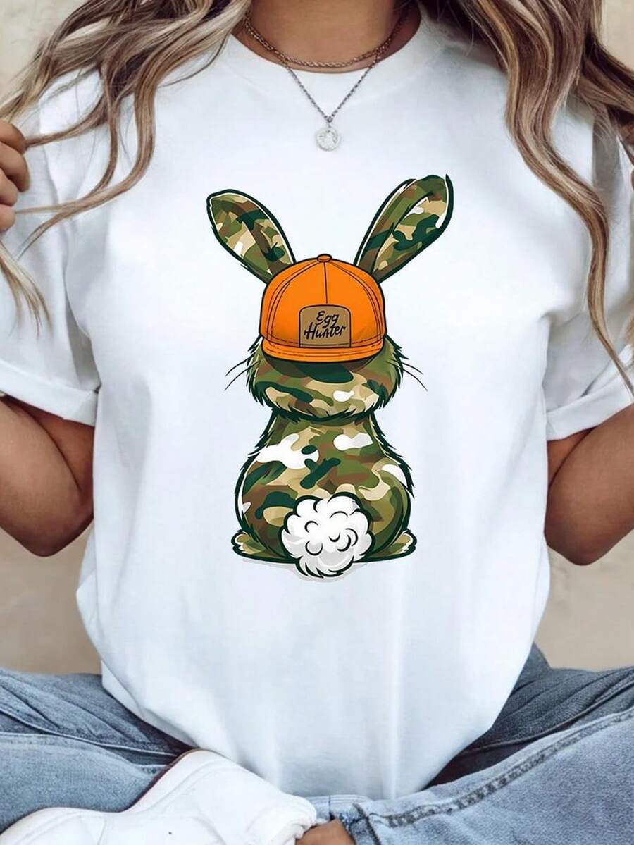 Unisex Easter T-Shirt With Egg-Hunting Camouflage Print, Christian Easter T-Shirt, Gift For Christians. Unisex 220g Pure Cotton T-Shirt, Ideal Weight For All Seasons, Suitable For Both Men And Women. Durable, High-Quality Fabric, Soft To The Touch And Long-Lasting. Breathable Top. Suitable For Women's Spring And Summer, Holidays, Mother's Day, Independence Day. - 白色 - 查看 1