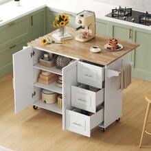 Large Mobile Kitchen Table L137*W43(76)*H92cm, Oak Top, Foldable, Multifunctional Furniture, 3 Drawers, Towel Rack, Ideal For The Kitchen, Dining Room, Home - White - View 2