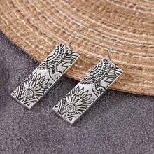 1 Pair Handmade Country Style Rectangular Drop Earrings With Glossy Textured Contours And Carved Patterns, Exquisite Heirloom-Like Jewelry Suitable For Festive Parties And A Thoughtful Gift Choice. - Silver - View 2