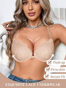 Sujetador con cierre delantero de encaje con aros - Diseño de espalda en U, da forma a la curva de la espalda, levanta el busto, sexy y cómodo, de moda y versátil, adecuado para uso diario y ocasiones especiales - Beis - Ver 3