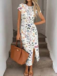 Vestido midi sin mangas con abertura alta, estampado elegante de lazo a rayas rosa, estilo minimalista casual; Vestido de punto de textura casual ajustado para mujer; Conjunto de fitness para mujer; Vestido de invitada de boda para mujer; Atuen - Multicolor 12 - Ver 2
