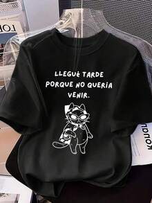 Camiseta casual de manga corta con estampado de gato de moda, cuello redondo, estilo elegante para mujer, color negro, primavera 2026 NHHF - Negro - Ver 1