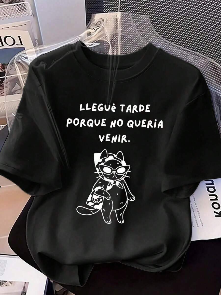 Camiseta casual de manga corta con estampado de gato de moda, cuello redondo, estilo elegante para mujer, color negro, primavera 2026 NHHF - Negro - Ver 1