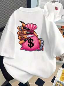 Plus Size Short Sleeve T-Shirts For Women, Ideal For Summer, Basic Everyday Tops, Printed Short Sleeve T-Shirt With Designs On The Front And Back - Money Bag Style, Hand-Drawn - Spring/Summer Printed T-Shirt For Women, Your Best Choice! Breathable And Comfortable. - 白色 - 查看 11
