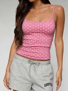 Women Polka Dot Print Square Neck Cami Tank Top - Pink - View 2
