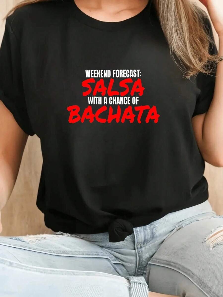 Camisetas estampadas de moda para mujer, tops de estilo urbano de talla grande, camisetas de verano cómodas y elegantes que combinan con todo. Camiseta blanca de manga corta con estampado de salsa y bachata, ropa casual para mujer, ideal para fiestas de fin de semana y clases de baile. - Negro - Ver 1