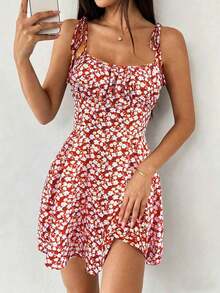 Vestido mini con tirantes de espagueti y estampado floral ditsy con lazo - Rojo - Ver 1