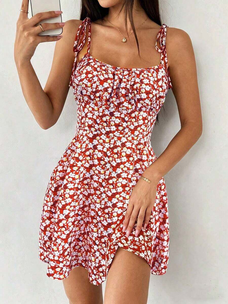 Vestido mini con tirantes de espagueti y estampado floral ditsy con lazo - Rojo - Ver 1
