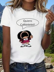 Short-Sleeved T-Shirt With Fun Vintage Print - Spanish Design "I Want Coffee", Casual Round Neck Top For Women, Comfortable And Breathable Sporty Style, Excellent Gift Option. - trắng - Xem 7