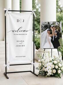 Pancarta de Boda Personalizada - Nombres de Novia & Novio/Fecha/Texto Personalizados - Elegante Pancarta de Tela Estilo Alemán de Bienvenida Adecuada para Interiores & Exteriores, Pancarta de Despedida de Soltera, Decoración de Fondo para Fiesta de Despedida de Soltera, Decoración Minimalista de Entrada de Boda - Multicolor - Ver 6