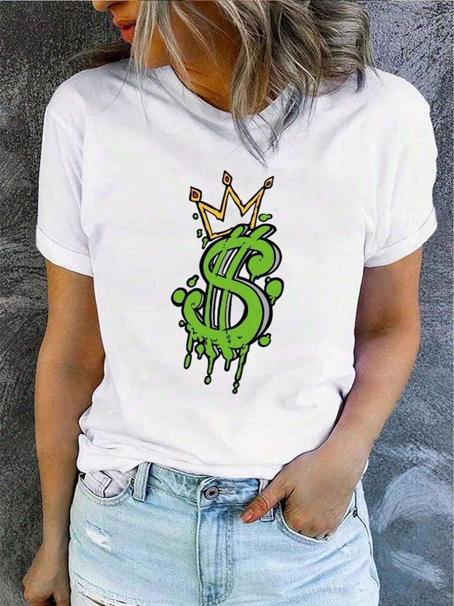 Women's Casual Short Sleeve Round Neck T-Shirt Fashion 2026 Women's Casual Short Sleeve Round Neck T-Shirt With Money Print For Spring And Summer. Cozy Soft Simple Everyday Wear Short Sleeve Top - 白色 - 查看 1
