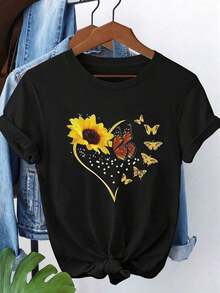 Cómoda Camiseta Casual para Mujer con Estampado de Girasol y Mariposa, Cuello Redondo, Manga Corta, Negra, de Algodón - Negro - Ver 2