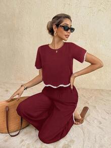 2 piezas Conjunto de top de manga corta de cuello redondo y pantalones de color contrastante para mujer - Burdeos - Ver 6