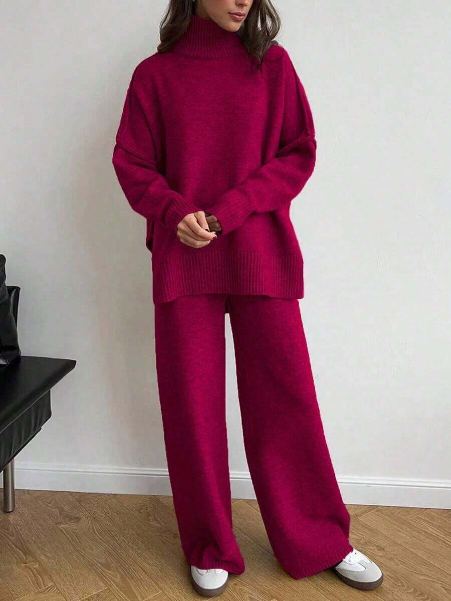 2 piezas Conjunto de suéter de manga larga de hombro caído con cuello alto sólido y pantalones anchos de punto para mujer, otoño/invierno - Rojo - Ver 1