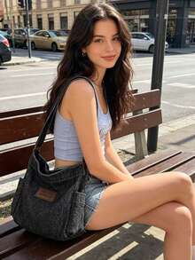 Túi đeo chéo denim wash vintage Y2K, dung tích lớn, nhiều ngăn, túi đeo vai thời trang đường phố sành điệu để đi làm hàng ngày. - Nhiều màu - Xem 9