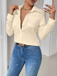 Blusa blanca casual con cuello y bolsillo, de manga larga ajustada para mujeres - Albaricoque - Ver 7