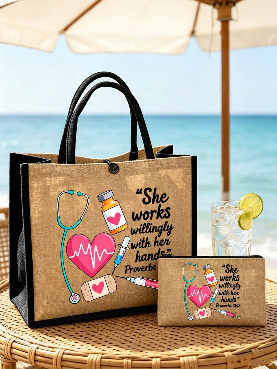 Leinen-Segeltuch-Tragetasche-Set, eine Segeltuch-Tragetasche Muster mit Herz, Verband, Stethoskop und medizinischen Utensilien-Mustern, perfektes Geschenk für Krankenschwestern, Pflegestudierende, Ärzte und medizinisches Personal. Diese Tragetasche mit großer Kapazität hat stabile Griffe und eignet sich für Arbeit, Klinik, Krankenhaus und Reisen. - Verschiedenfarbig - Übersicht 1