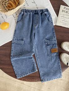 Boys' Casual Cargo Jeans, Versatile For All Seasons, Side Pockets, Loose Straight Fit Workwear Denim Pants - Blue - View 1