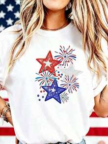 Camiseta de mujerCamiseta de Vacaciones para Mujer, Camiseta Patriótica para Mujer - Estrellas Rojas, Blancas y Azules, con Diseño de Fuegos Artificiales Americanos, Corte Holgado Casual, Lavable a Máquina, Top de Moda para Mujer, 100% Algodón, Talla Grande, Camiseta Divertida con Estampado Retro tropicoqueta karolCómoda y ligera - Blanco - Ver 8