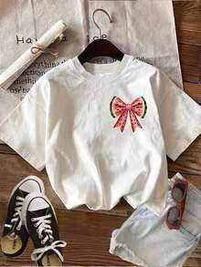 Gift Pattern Printed Double-Sided [Double-Sided Print] Women's Casual Summer Top With Vintage Watermelon Print And Bow SUMMER Vibes, Short-Sleeved Crew Neck T-Shirt - Unisex Loose-Fitting Cotton T-Shirt In An Urban Vintage Style With A Crew Neck And Short Sleeves. Soft - 白色的 - 查看 4
