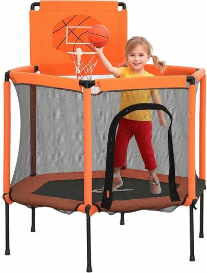 48" Trampoline For , Toddler Trampoline With Safety Enclosure Net, Basketball Hoop, Mini Trampoline Indoor Outdoor For Ages 3-6, Gifts For Boys & Girls, Orange