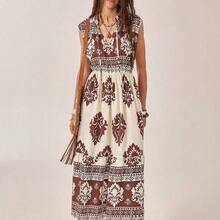 New Bohemian Vacation Dress | Sleeveless, Strategically Placed Floral Print Maxi Dress | Beach & Resort Wear | Summer Floral Dress | Mother's Day Dress | Women's Dress For All Seasons (Spring, Summer, Autumn, Winter) | Festive Occasion Wear | Casual Resort Dress | Seaside & Beach Outfit | Brown Dress | Country-Style Dress | Long Sleeveless Summer Bohemian Vacation Dress - Multicolor - Ver 5