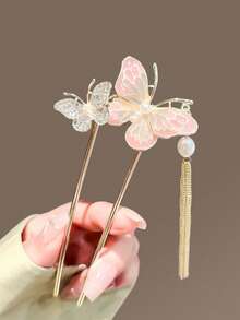topshiny 1PC Butterfly Tassel Hair Stick, Pearl Rhinestone Hair Pin For Bridal Bun Hairstyle - Pink - View 7