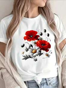 ropa de mujer Camiseta de algodón puro para mujer, de manga corta, con estampados de amapolas y margaritas rojas, ligera y duradera, adecuada para el hogar, restaurante o uso casual al aire libre, con telas suaves y cómodas para uso diario. - Blanco - Ver 1