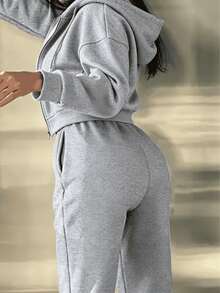 Conjunto Deportivo de 2 Piezas para Mujer: Sudadera con Capucha y Cierre de Cremallera Frontal más Pantalón Jogger con Cordón Ajustable - Set Casual de Algodón Suave para Entrenamiento, Gimnasio y Uso Diario - Gris Claro - Ver 6