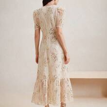Women Elegant Floral Lace Patchwork Sequins Rope Embroidered Round Neck Short Sleeve Dress - Blanco - Ver 5