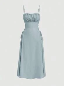 Vestido de tirantes unicolor pecho con fruncido con cordón lateral - Azul - Ver 1